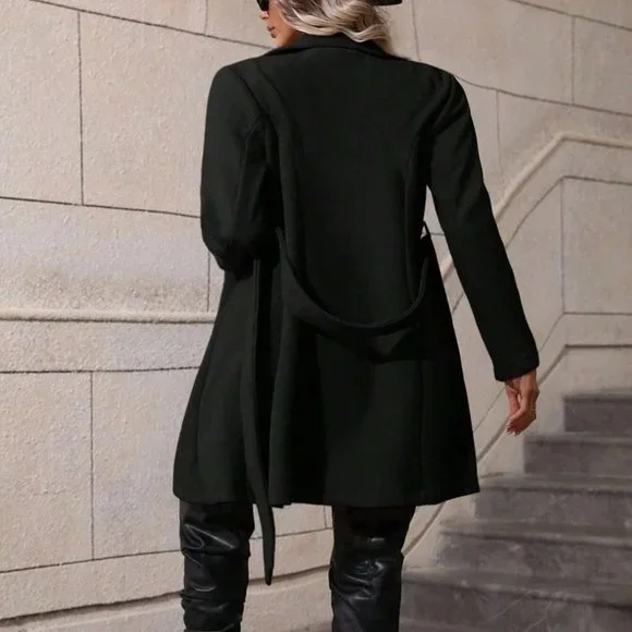 Black Preppy Womens Lapel Neck Double Breasted Belted Overcoat - Picture 3 of 5